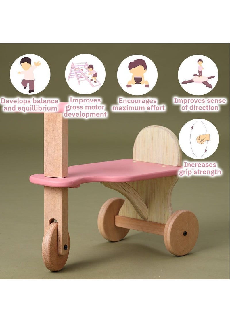 Ariro Tuk tuk Tricycle Wooden Balance Bike & Push Tricycle Ride with Easy Grip Handles Wooden Tricycle for Toddlers, Pink - Image 2