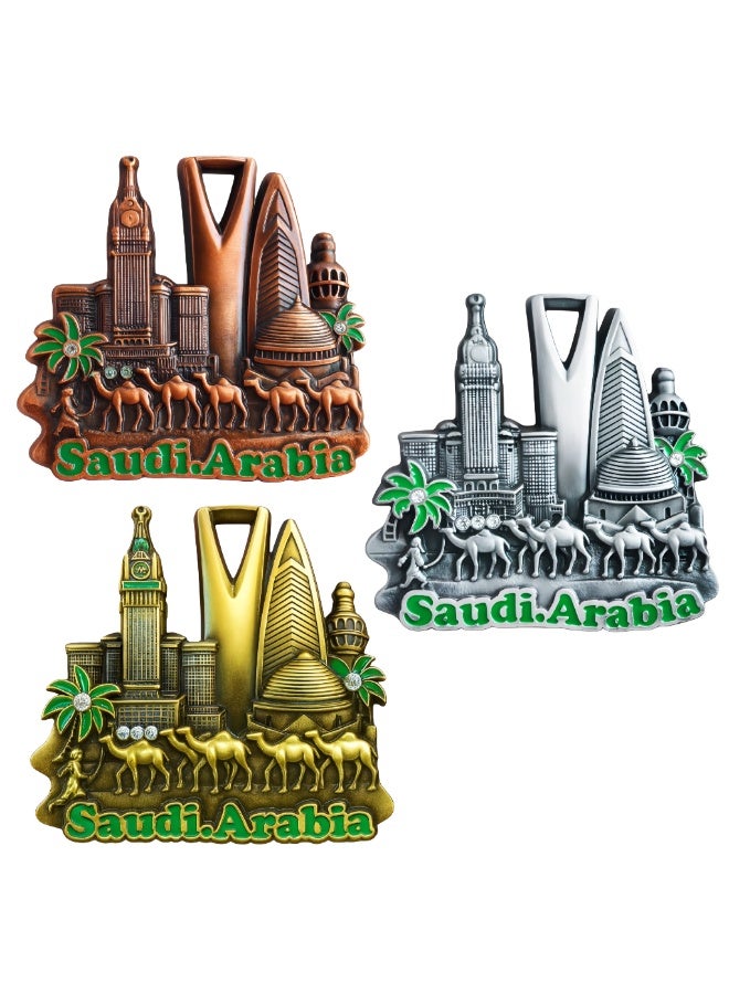 هدايا تذكارية عربية مجموعة طقم ٣ قطع مغناطيس معدني ثلاثي الأبعاد لمعالم السعودية – أبراج المملكة والفيصلية وبرج الساعة مع جمال ونخيل – ألوان ذهبي وفضي وبرونزي – ديكور ثلاجة فاخر - Image 1