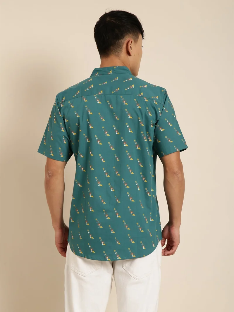 Joven Dark Green Printed Casual Shirt for Men