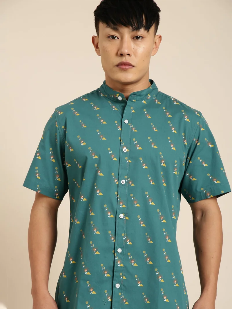 Joven Dark Green Printed Casual Shirt for Men