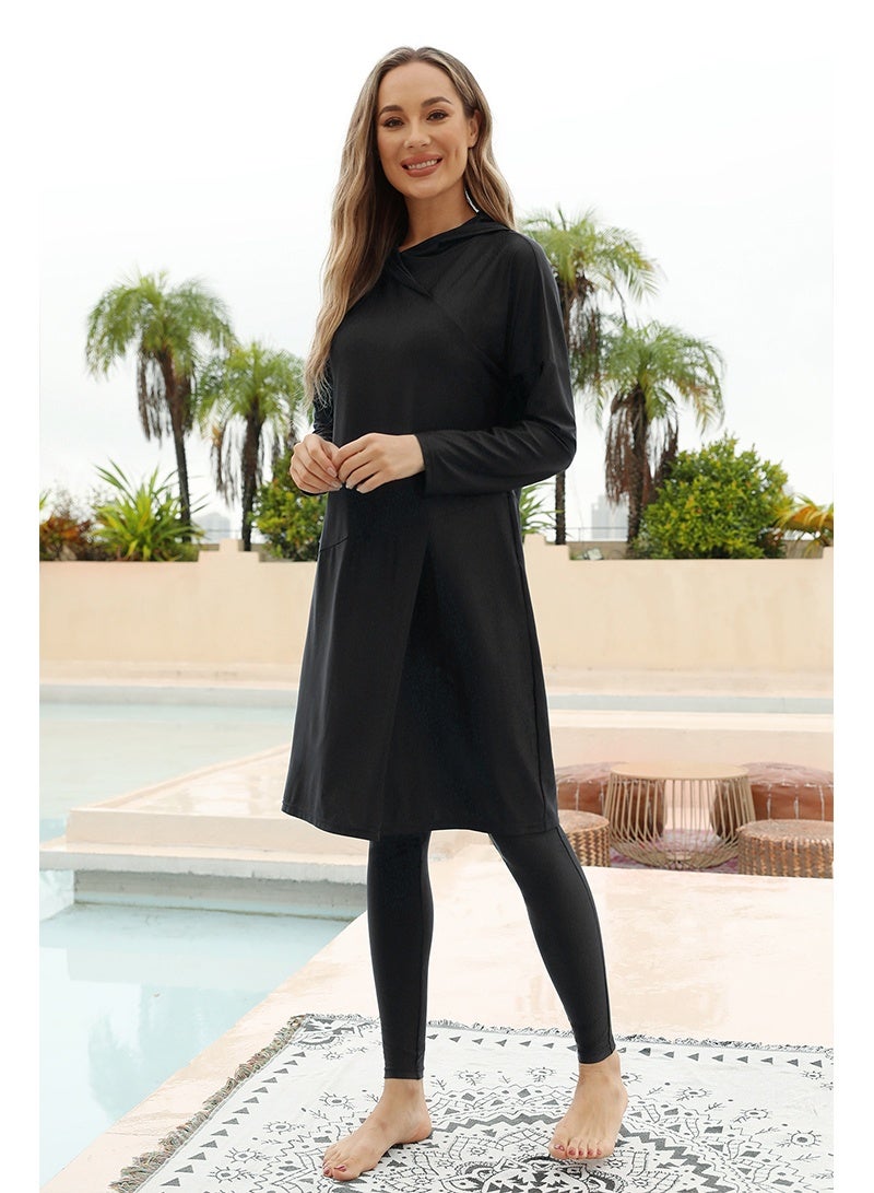 JiuAn Women's 3-Piece Modest Burkini Swimsuit Set | Long Sleeve Full Coverage Sun Protection Swimwear | Lightweight Conservative Beach & Surf Wear | Black - Image 3