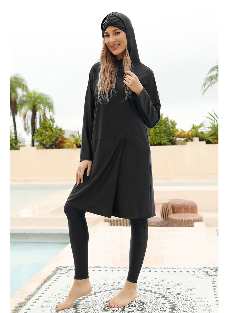 JiuAn Women's 3-Piece Modest Burkini Swimsuit Set | Long Sleeve Full Coverage Sun Protection Swimwear | Lightweight Conservative Beach & Surf Wear | Black - Image 2