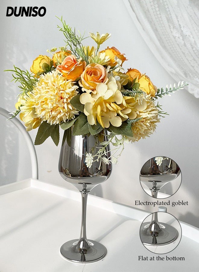 DUNISO Artificial Multicolour Rose Flowers Bouquet Simulation Flowers Mixed Rose Hydrangea Flower Bouquet with Silver Tall Cup Fake Flowers Plants Silk Flower Arrangements Wedding Bouquets Decor for Wedding Party Centerpiece Home Office Table Decoration Gift - Image 1
