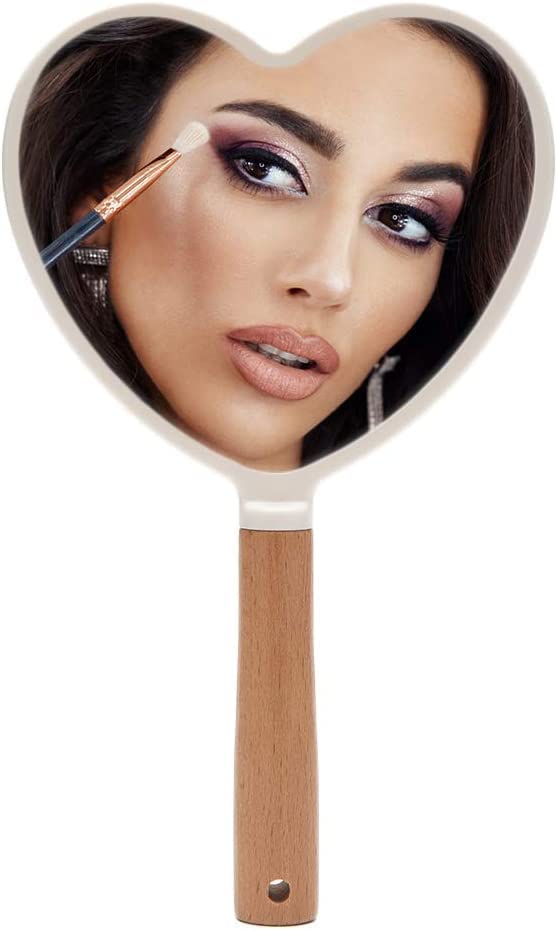 KIRA Handheld Makeup Mirror with Handle Small Cute Wooden Shaving Mirror with Single Side Hanging Hole Travel Portable for Men and Women Heart - Image 3