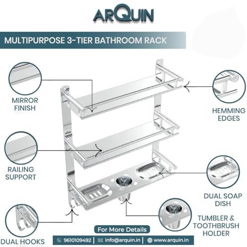 ARQUIN Bathroom Shelf 3 Layer Bathroom Accessories Set | Bathroom Organiser Shelf Multipurpose Stainless Steel 3 Tier Shelf with Double Soap Dish & Toothbrush Holder Tumbler Holder - Image 5
