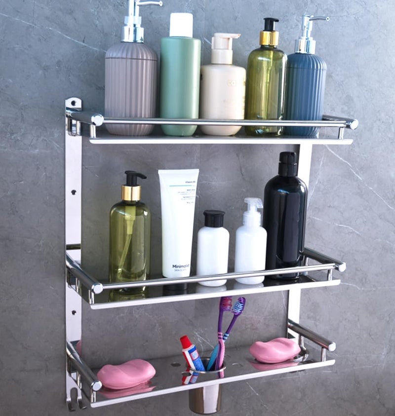 ARQUIN Bathroom Shelf 3 Layer Bathroom Accessories Set | Bathroom Organiser Shelf Multipurpose Stainless Steel 3 Tier Shelf with Double Soap Dish & Toothbrush Holder Tumbler Holder - Image 2