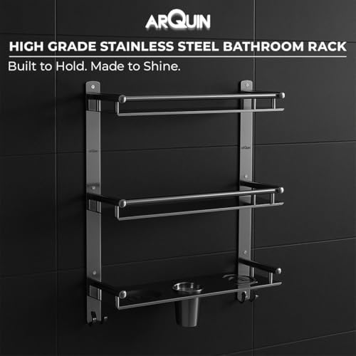 ARQUIN Bathroom Shelf 3 Layer Bathroom Accessories Set | Bathroom Organiser Shelf Multipurpose Stainless Steel 3 Tier Shelf with Double Soap Dish & Toothbrush Holder Tumbler Holder - Image 3