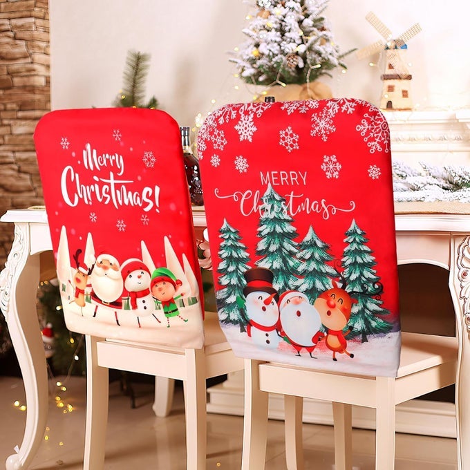 CHRISTMAS CHAIR COVERS 4 PACK CHRISTMAS BACK CHAIR PROTECTOR SLIPCOVERSXMAS DINING CHAIR SEAT COVERS WITH PRINTING CHRISTMAS TREE SNOWMAN SANTA CLAUS FOR HOME KITCHEN HOLIDAY PARTY DECOR