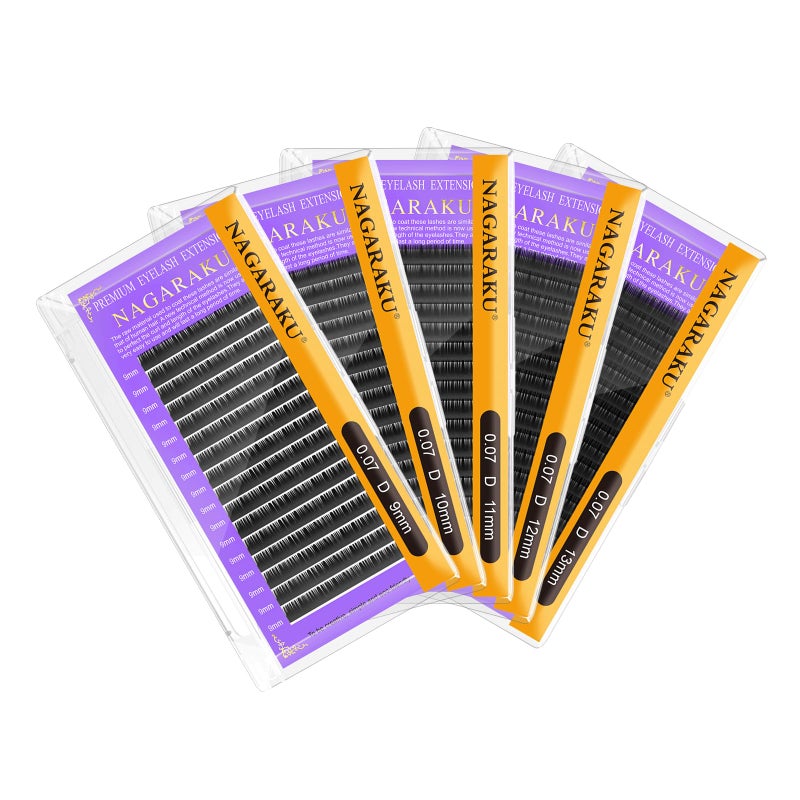 NAGARAKU 5 Trays Eyelash Extensions Individual Lashes 0.07mm D curl 9/10/11/12/13mm in 1 pack Classic Soft Natural Professional Faux Mink 16 rows - Image 1