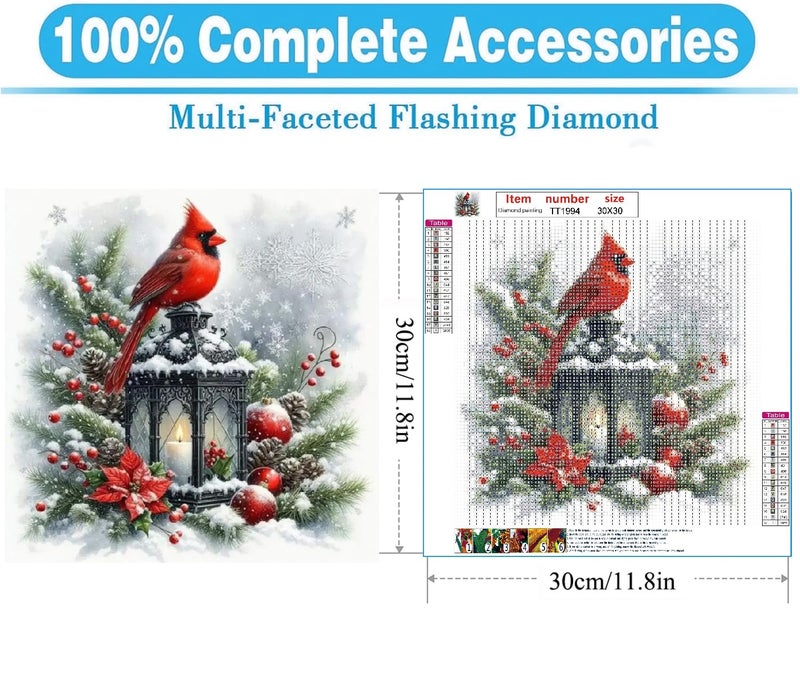 MOMDEDP Christmas Cardinal Diamond Painting Kits for Adults, 5D Light Diamond Art Painting by Numbers Kits, DIY Winter Diamond Dots Art Kits Full Round Drill Bird Diamond Paintings for Decor12x12 in - Image 3