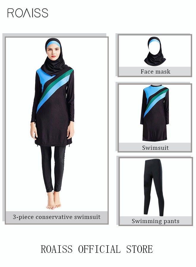 roaiss 3-Piece Women Conservative Colorblock Swimsuit Set Muslim Sun Protection Swimwear Swimming Trousers Cap Ladies Loose Beachwear Dress Arab Clothing Black/Blue - Image 2