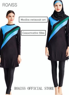 roaiss 3-Piece Women Conservative Colorblock Swimsuit Set Muslim Sun Protection Swimwear Swimming Trousers Cap Ladies Loose Beachwear Dress Arab Clothing Black/Blue  - Image 4
