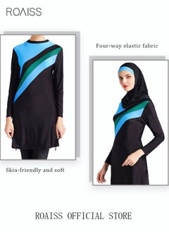 roaiss 3-Piece Women Conservative Colorblock Swimsuit Set Muslim Sun Protection Swimwear Swimming Trousers Cap Ladies Loose Beachwear Dress Arab Clothing Black/Blue  - Image 5