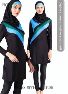 roaiss 3-Piece Women Conservative Colorblock Swimsuit Set Muslim Sun Protection Swimwear Swimming Trousers Cap Ladies Loose Beachwear Dress Arab Clothing Black/Blue  - Image 2