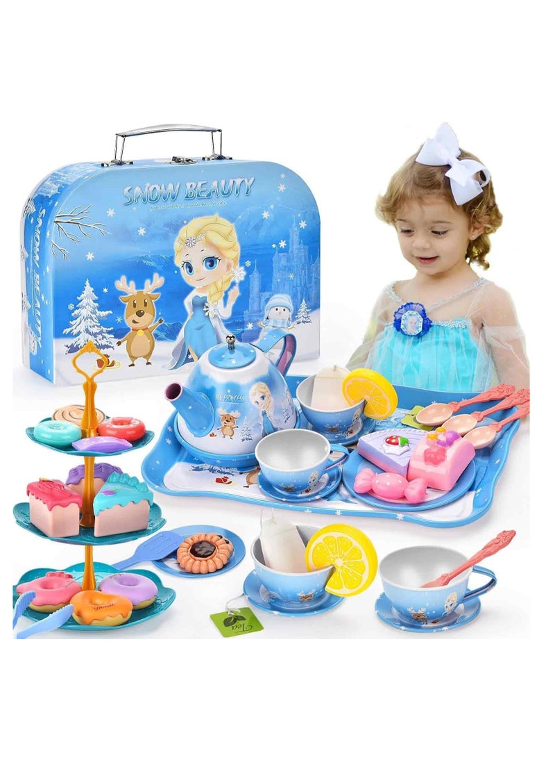 Excefore Little Girls Tea Party Set, Kitchen Playset, 48-Piece Elsa Princess Pretend Toy Kit with Tin Tea Set, Desserts, and Carrying Case - Kids Pretend Play Toys, Birthday Gift for 3-6 Year Old Girls - Image 3