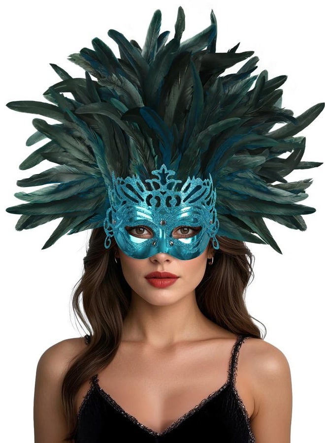 UQJE Venetian Feather Mask Headwear for Women Luxury Masquerade Mask for Halloween, Mardi Gras & Glamorous Parties-Cyan - Image 1