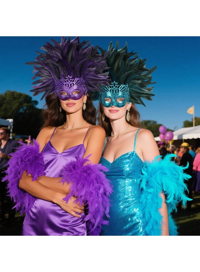 UQJE Venetian Feather Mask Headwear for Women Luxury Masquerade Mask for Halloween, Mardi Gras & Glamorous Parties-Cyan - Image 4