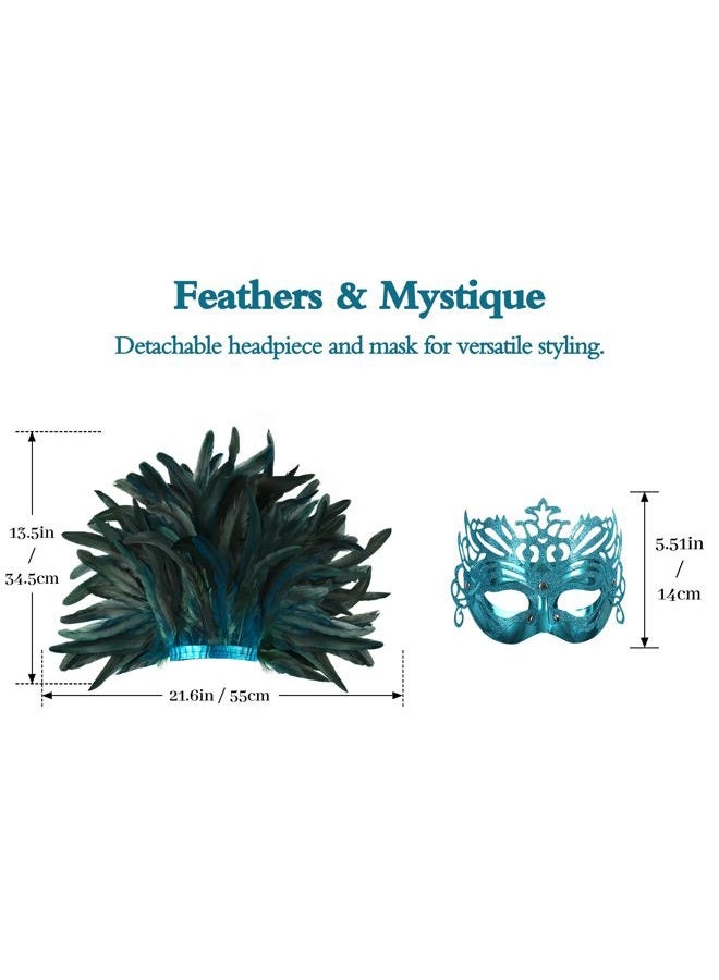 UQJE Venetian Feather Mask Headwear for Women Luxury Masquerade Mask for Halloween, Mardi Gras & Glamorous Parties-Cyan - Image 2
