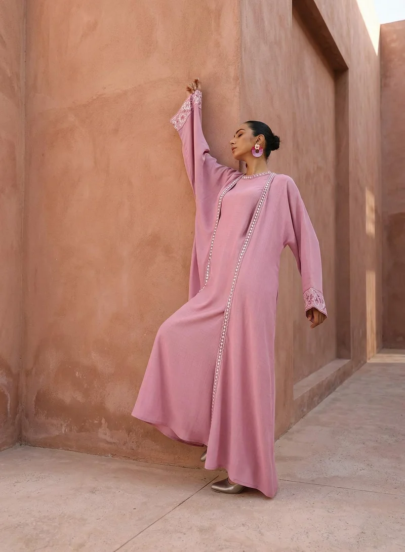ISHIN  Pink Mirror Embroidered Layered Abaya for Women | Best Price UAE