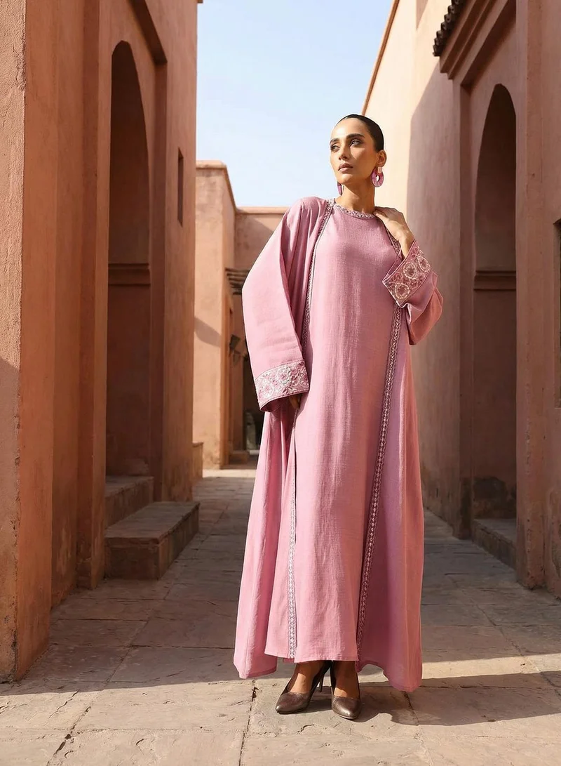 ISHIN  Pink Mirror Embroidered Layered Abaya for Women | Best Price UAE