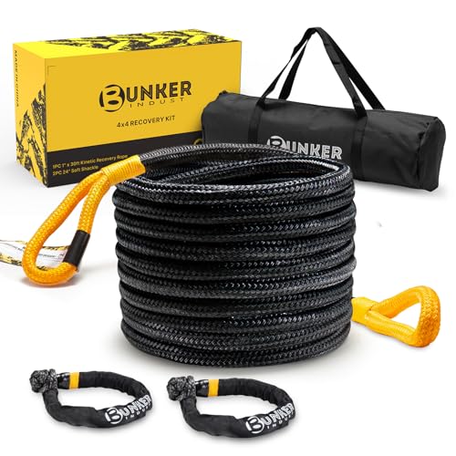 BUNKER INDUST حبل استرداد كينتيك 1"×30 قدم من بانكر إندست مع مجموعة 2 من الشوكات الناعمة، حبل سحب استرداد كينتيك لمجموعة استرداد الطرق الوعرة لسيارات UTV و ATV والشاحنات والسيارات والجيب والجرارات - Image 1
