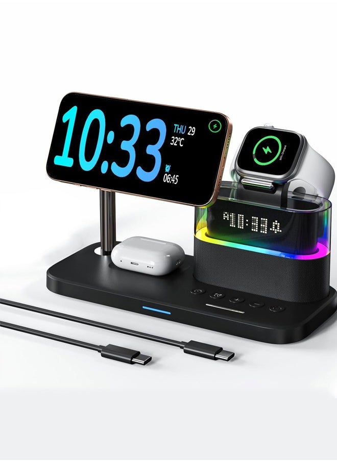 Joshberg 5 in 1 Wireless Charging Station, Fast Wireless Charger with Alarm Clock for Apple Multiple Devices,Bedside Night Light Nightstand Mag-Safe Charging Station for iPhone 16/15/14/13/12,Apple Watch,Air-Pods,Black  - Image 1
