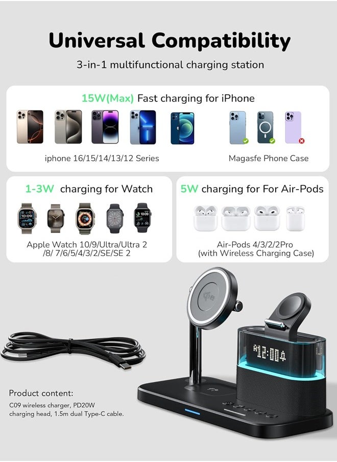 Joshberg 5 in 1 Wireless Charging Station, Fast Wireless Charger with Alarm Clock for Apple Multiple Devices,Bedside Night Light Nightstand Mag-Safe Charging Station for iPhone 16/15/14/13/12,Apple Watch,Air-Pods,Black  - Image 5