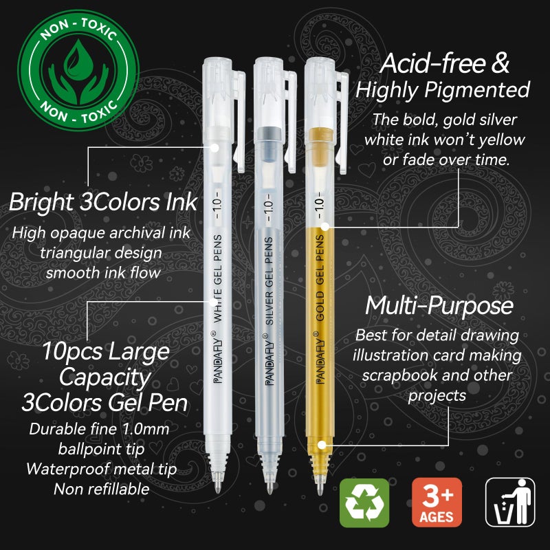 PANDAFLY Gold Silver White Gel Pens, 10 Pack, 1mm Extra Fine Point Gel Ink Pen, Opaque White Archival Ink Pens for Black Paper Drawing, Sketching, Card Making - Image 3