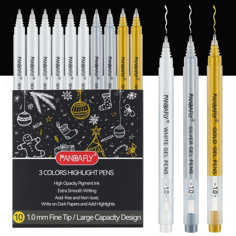 PANDAFLY Gold Silver White Gel Pens, 10 Pack, 1mm Extra Fine Point Gel Ink Pen, Opaque White Archival Ink Pens for Black Paper Drawing, Sketching, Card Making - Image 1