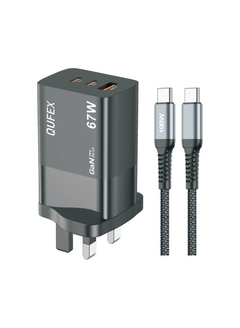 كيفكس شاحن جداري سريع QUFEX بقوة 67 واط مع كيبل USB-C – محول شحن بثلاثة منافذ (2 منفذ PD + منفذ USB) للآيفون وسامسونج وماك بوك وآيباد وأجهزة USB-C – أسود - Image 1