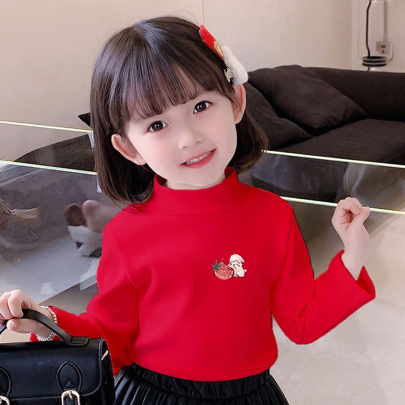 Girls' Semi-High Collar Velvet Casual Long-Sleeved T-Shirt Autumn New Arrival Medium And Large Children'S Wear Cartoon Printed Western Style Girls' T-Shirt - Image 1