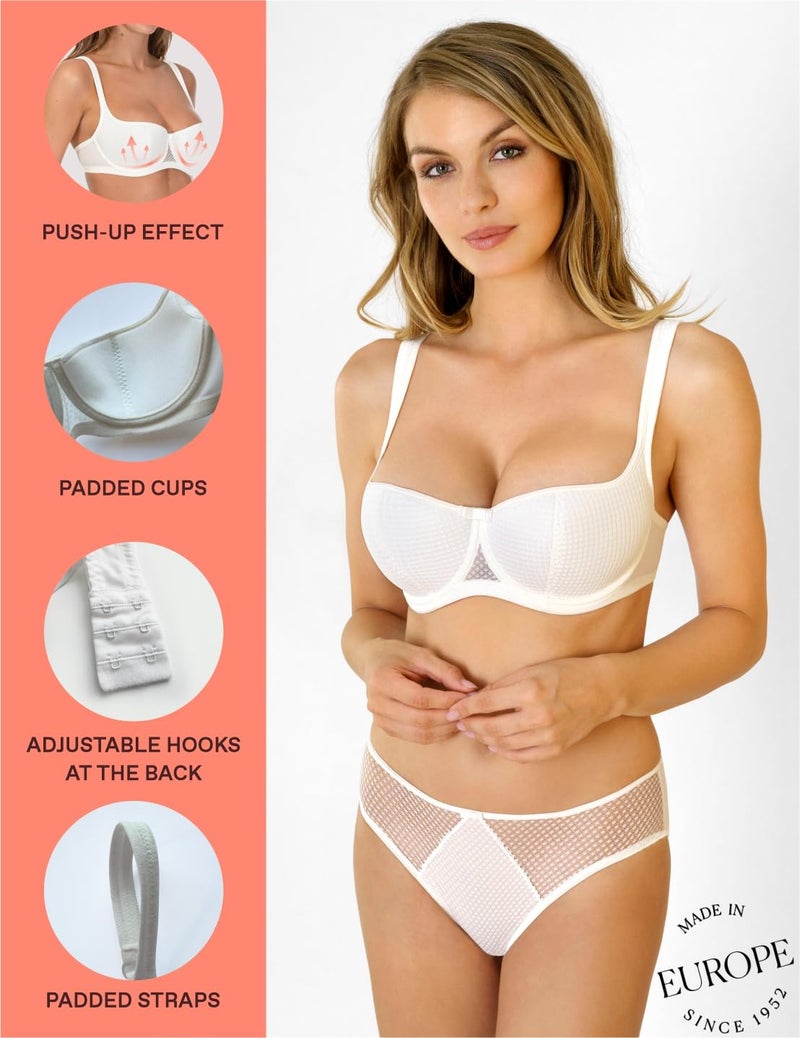 Rosme Women's Balconette Bra with Push Up Effect â€“ Plus Size Sexy Lace Demi Half Cup Bra â€“ Lightly Padded Underwired Low Cut Mesh Design Kamila, Ivory, Size 36DDD - Image 3