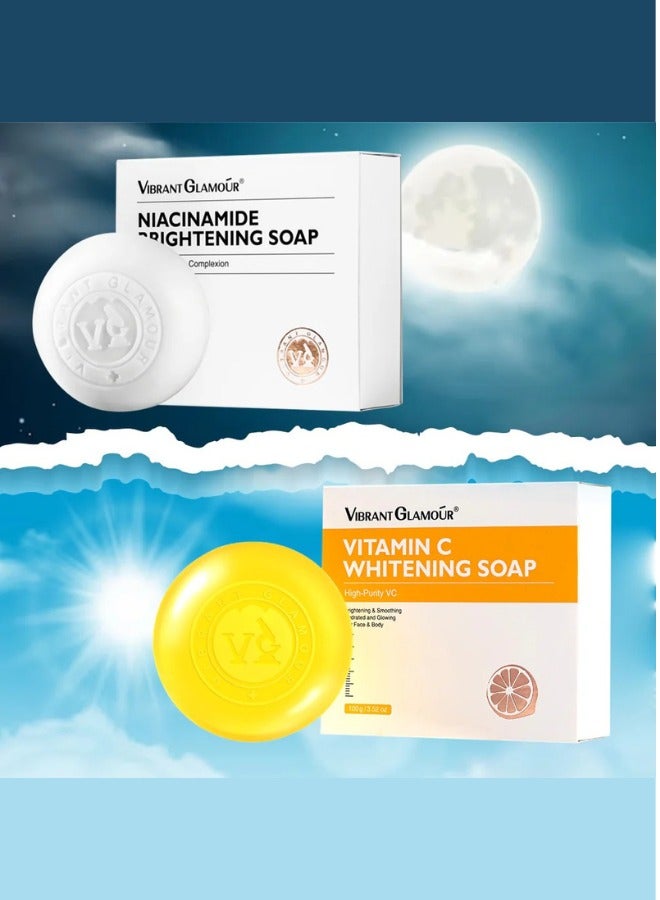 فايبرنت جلامور مجموعة مزدوجة صابون نياكيناميد وصابون فيتامين سي ١٠٠ جرام لتفتيح وتوهج البشرة وإزالة البقع الداكنة - Image 1