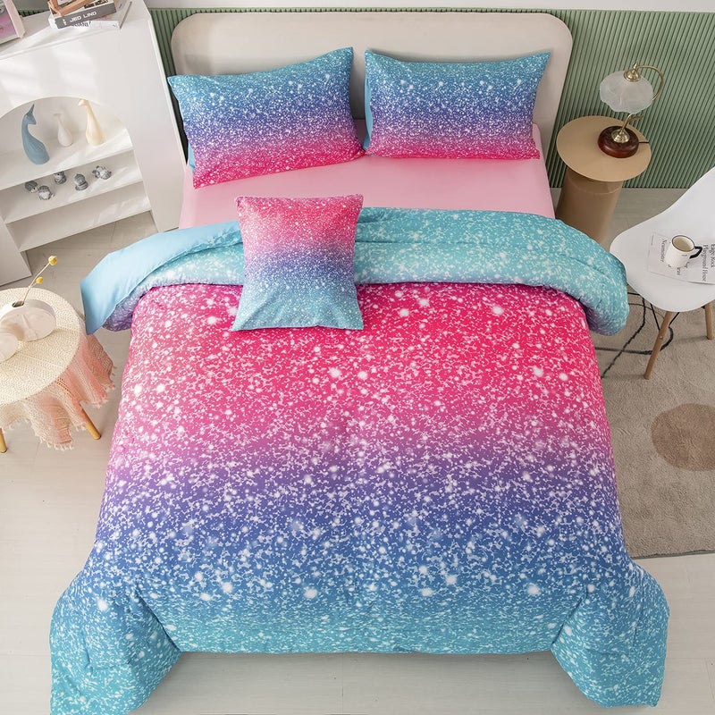PERFEMET PERFEMET Queen Size Girls Bedding Set 6 Piece Blue Pink Comforter Set Kids Bed in A Bag Colorful Rainbow Glitter Bed Set for Bedroom Decoration Fluffy Tie Dye Teen Girl Bed Comforter Set 
