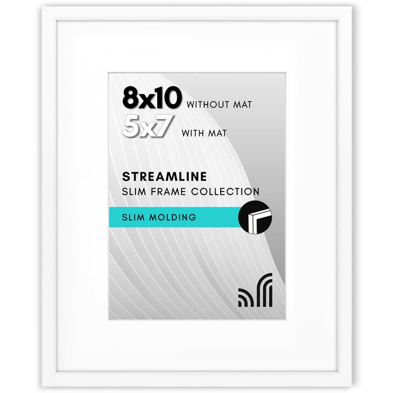 Americanflat 8x10 Picture Frame with Shatter-Resistant Glass - Use as 5x7 Frame with Mat or 8x10 Frame Without Mat - Streamline Collection - Thin Photo Frame for Wall and Tabletop Display - White - Image 1