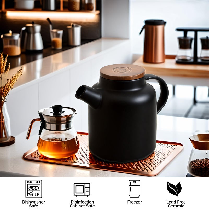 Yundu 1500ml / 50 oz Ceramic Teapot with Infuser & Wood Lid - Matte Black, Loose Leaf Tea Pot with Removable Strainer, Large Capacity - Image 5
