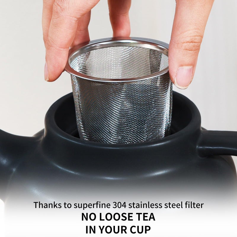 Yundu 1500ml / 50 oz Ceramic Teapot with Infuser & Wood Lid - Matte Black, Loose Leaf Tea Pot with Removable Strainer, Large Capacity - Image 4