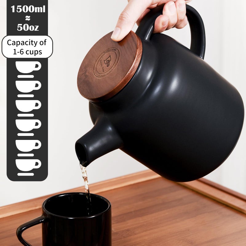 Yundu 1500ml / 50 oz Ceramic Teapot with Infuser & Wood Lid - Matte Black, Loose Leaf Tea Pot with Removable Strainer, Large Capacity - Image 2