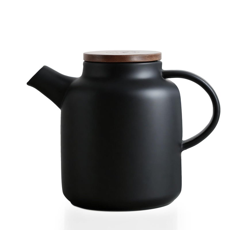 Yundu 1500ml / 50 oz Ceramic Teapot with Infuser & Wood Lid - Matte Black, Loose Leaf Tea Pot with Removable Strainer, Large Capacity - Image 1