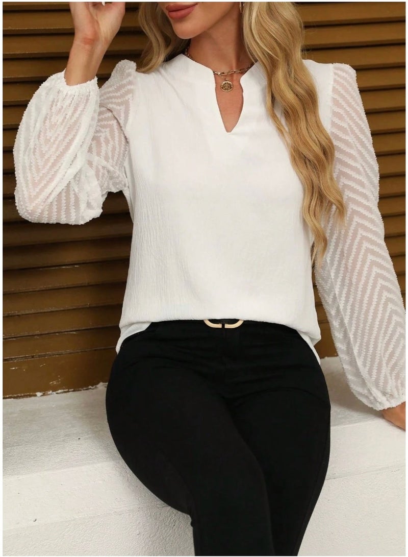 Shein Elegant White Blouse For Women With Notched Neck And Bishop Sleeves Featuring Contrast Mesh Detail And Regular Length - Image 4