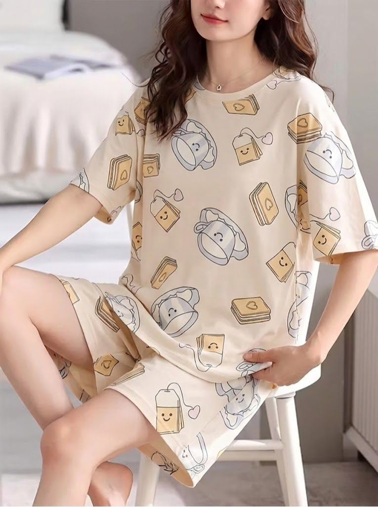 SMOWKLY Korean Night Dress || Shorts Set ||Korean Nightsuit || Women Nightwear ||Round Neck Half Sleeve Nightsuit || Loungewear || Everyday Nightdress(1669_CRM_S Cream - Image 4
