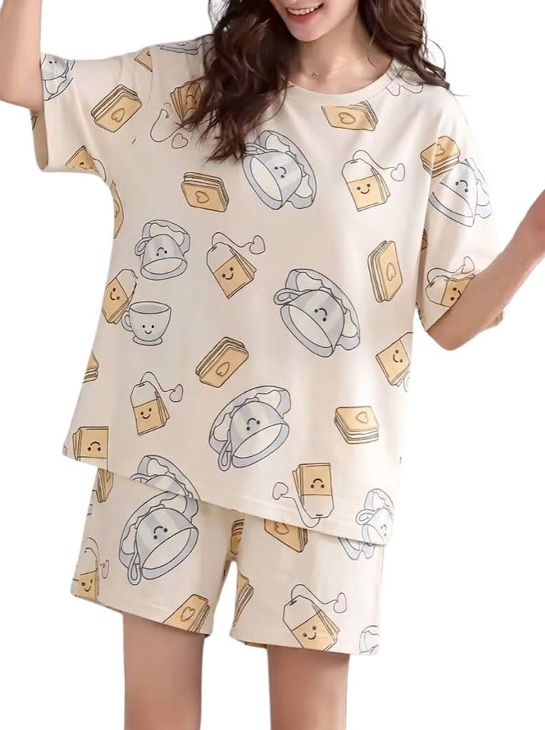 SMOWKLY Korean Night Dress || Shorts Set ||Korean Nightsuit || Women Nightwear ||Round Neck Half Sleeve Nightsuit || Loungewear || Everyday Nightdress(1669_CRM_S Cream - Image 1
