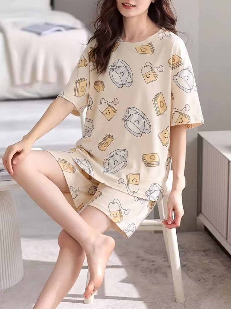SMOWKLY Korean Night Dress || Shorts Set ||Korean Nightsuit || Women Nightwear ||Round Neck Half Sleeve Nightsuit || Loungewear || Everyday Nightdress(1669_CRM_S Cream - Image 2