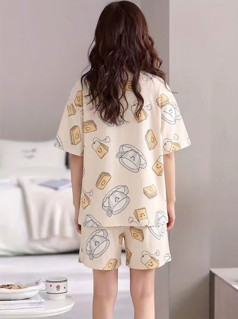 SMOWKLY Korean Night Dress || Shorts Set ||Korean Nightsuit || Women Nightwear ||Round Neck Half Sleeve Nightsuit || Loungewear || Everyday Nightdress(1669_CRM_S Cream - Image 3