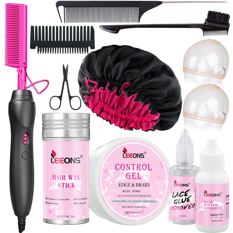 LEEONS Electric Hot Comb Hair Straightener Electrical Straightening Comb Curling Iron for Natural Black Hair Wigs Pressing Combs with Lace Glue Hair Wax Stick Edge Control Set - Image 1