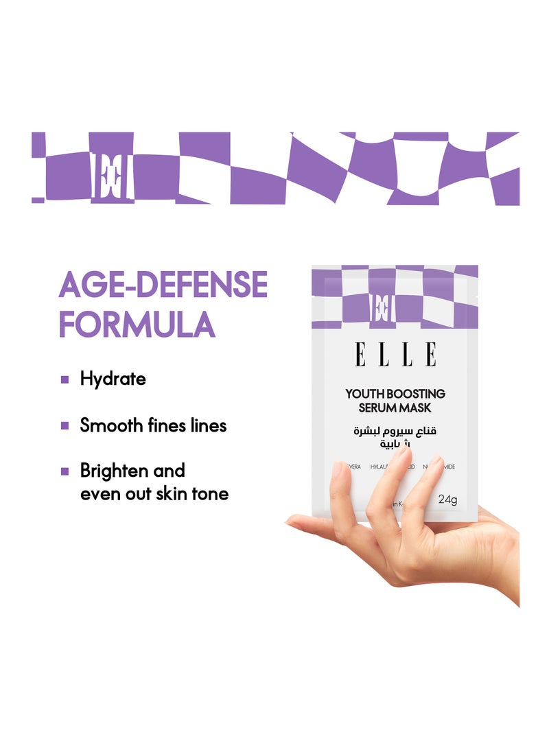 ELLE ELLE Youth Boosting Serum Mask – Anti-Aging, Hydrating, Brightening & Firming Face Mask – Infused with Peptides, Hyaluronic Acid, and Niacinamide for Youthful Skin, Pack of 4  - Image 3