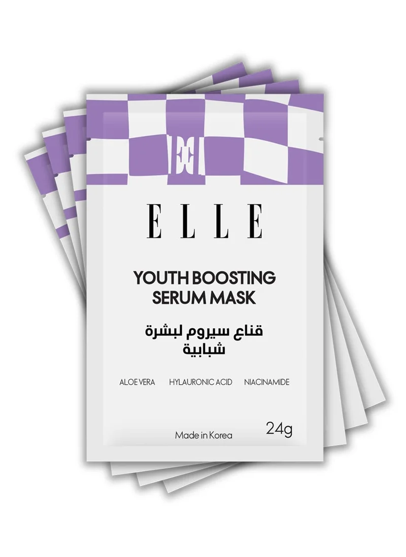 ELLE ELLE Youth Boosting Serum Mask – Anti-Aging, Hydrating, Brightening & Firming Face Mask – Infused with Peptides, Hyaluronic Acid, and Niacinamide for Youthful Skin, Pack of 4