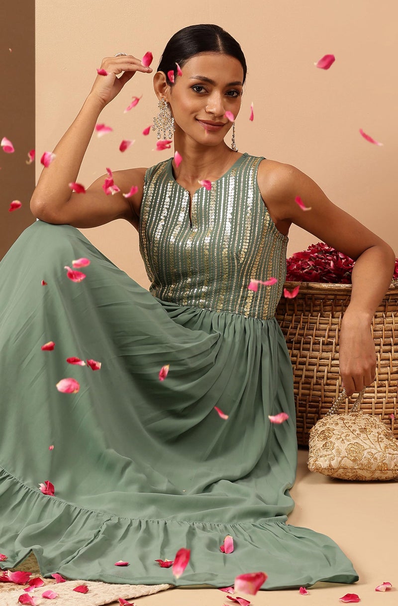 Janasya Women's Sage Green Georgette Sequined Gathered Flared Gown(JAB25GW02848-XL) - Image 5