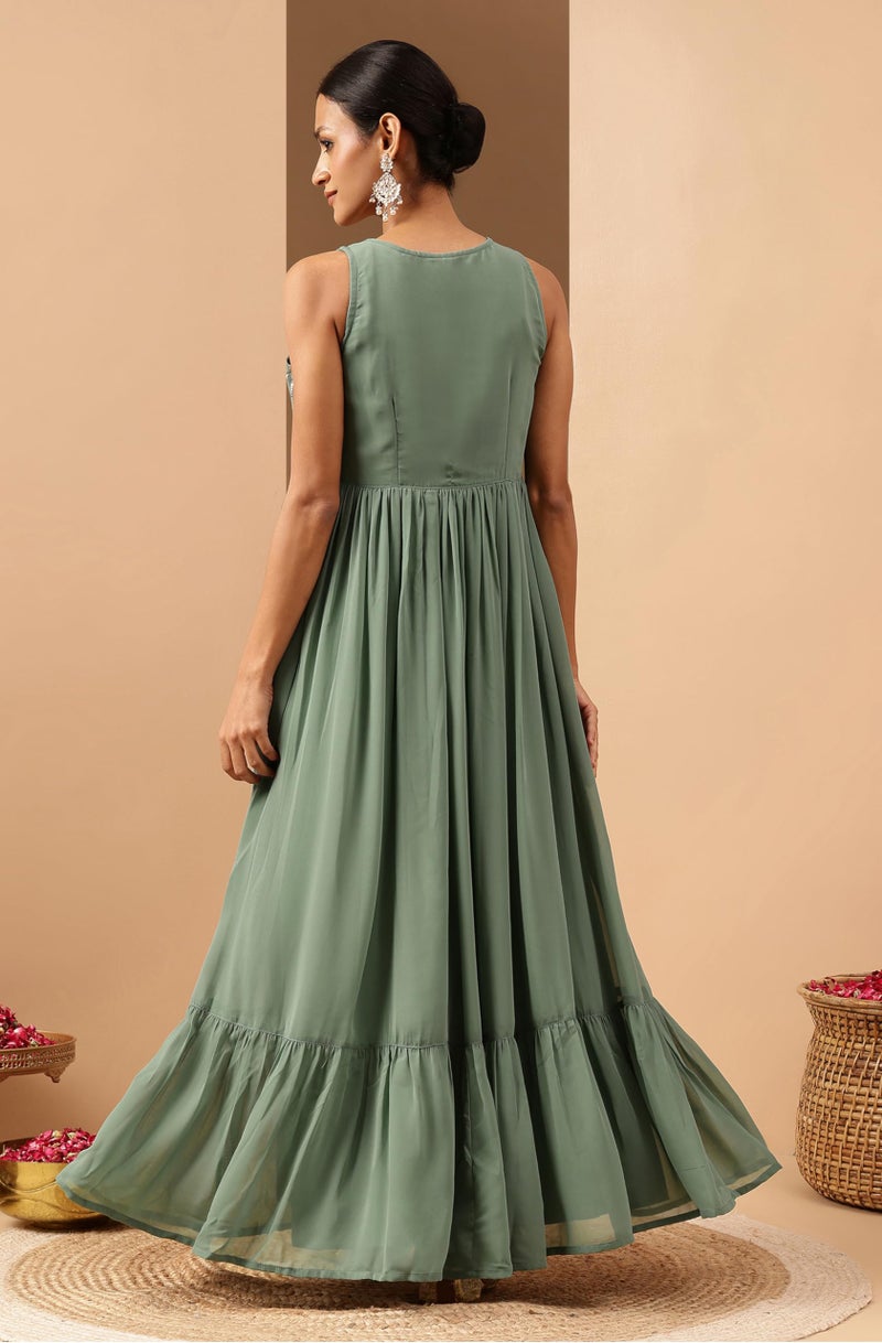 Janasya Women's Sage Green Georgette Sequined Gathered Flared Gown(JAB25GW02848-XL) - Image 4