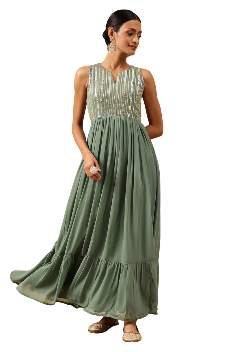 Janasya Women's Sage Green Georgette Sequined Gathered Flared Gown(JAB25GW02848-XL) - Image 1